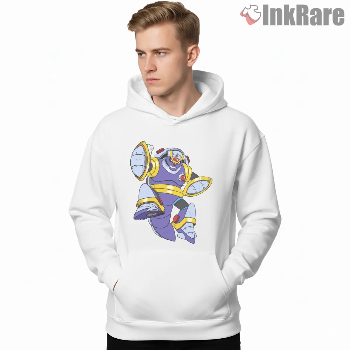 Mega Man Armored Armadillo Heavy Shield Boss Shirt on white hoodie for men graphic tee