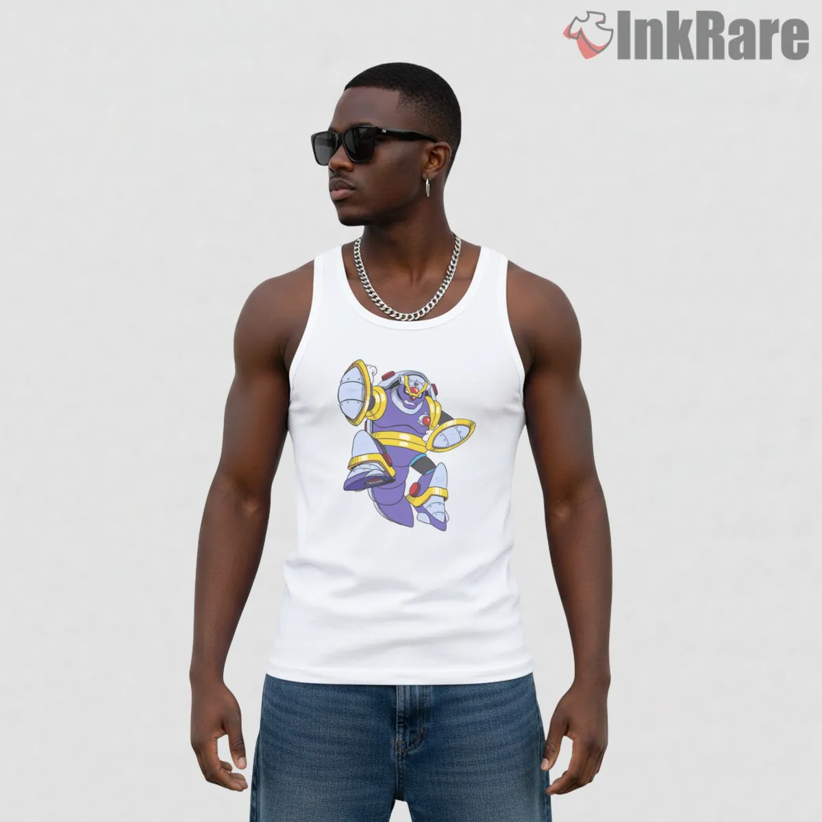 Mega Man Armored Armadillo Heavy Shield Boss Tank Top White Mega Man Armored Armadillo Heavy Shield Boss Shirt on white tank top for men graphic tee