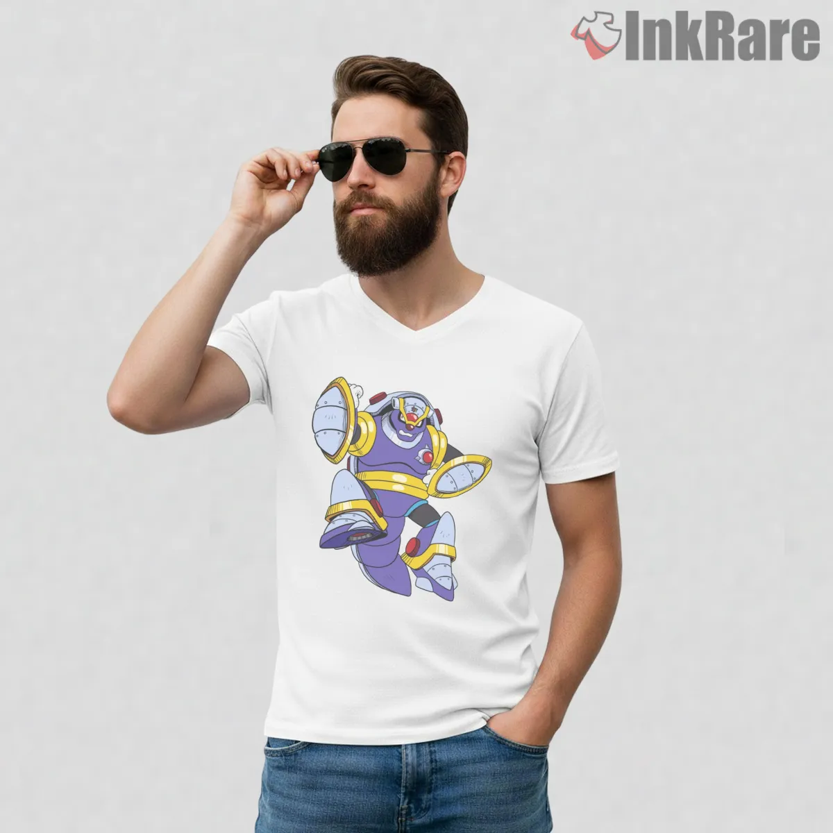 Mega Man Armored Armadillo Heavy Shield Boss V Neck White Mega Man Armored Armadillo Heavy Shield Boss Shirt on white v-neck shirt for men graphic tee