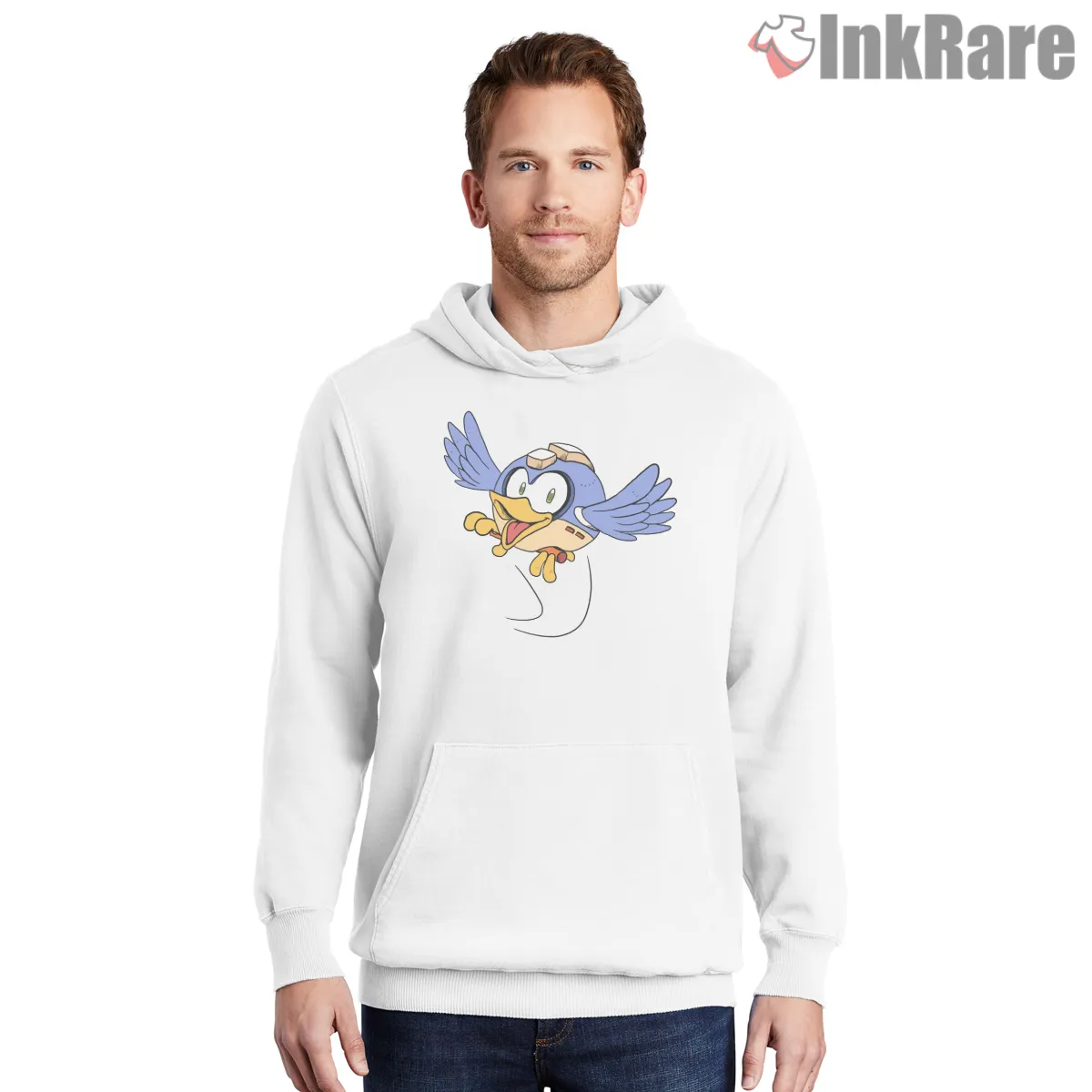 Mega Man Beat Bird Companion Cute Flying Hoodie White Mega Man Beat Bird Companion Cute Flying Shirt on white hoodie for men graphic tee