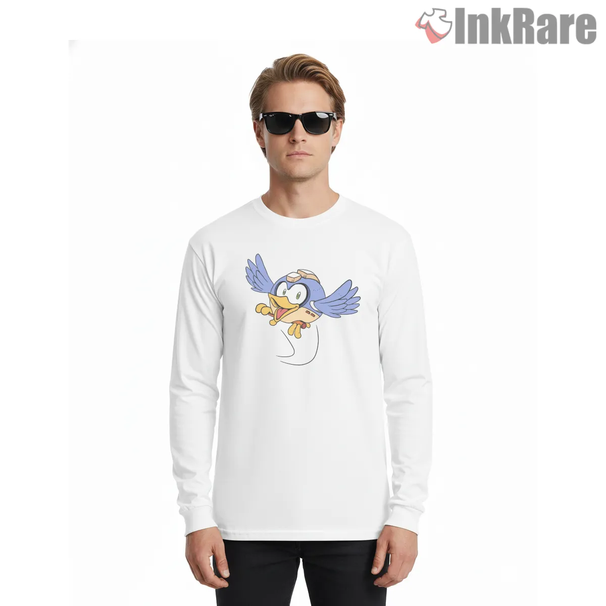 Mega Man Beat Bird Companion Cute Flying Long Sleeve White Mega Man Beat Bird Companion Cute Flying Shirt on white long sleeve shirt for men graphic tee