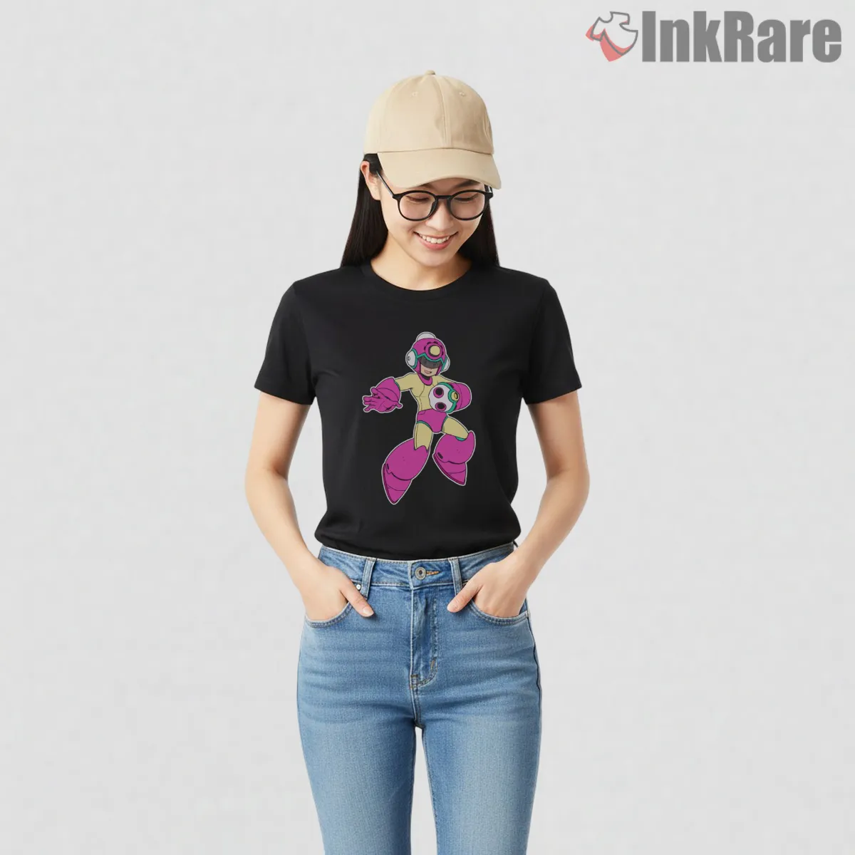 Mega Man Bounce Ball Retro Arcade Color Pop Shirt on black short sleeve shirt for women graphic tee
