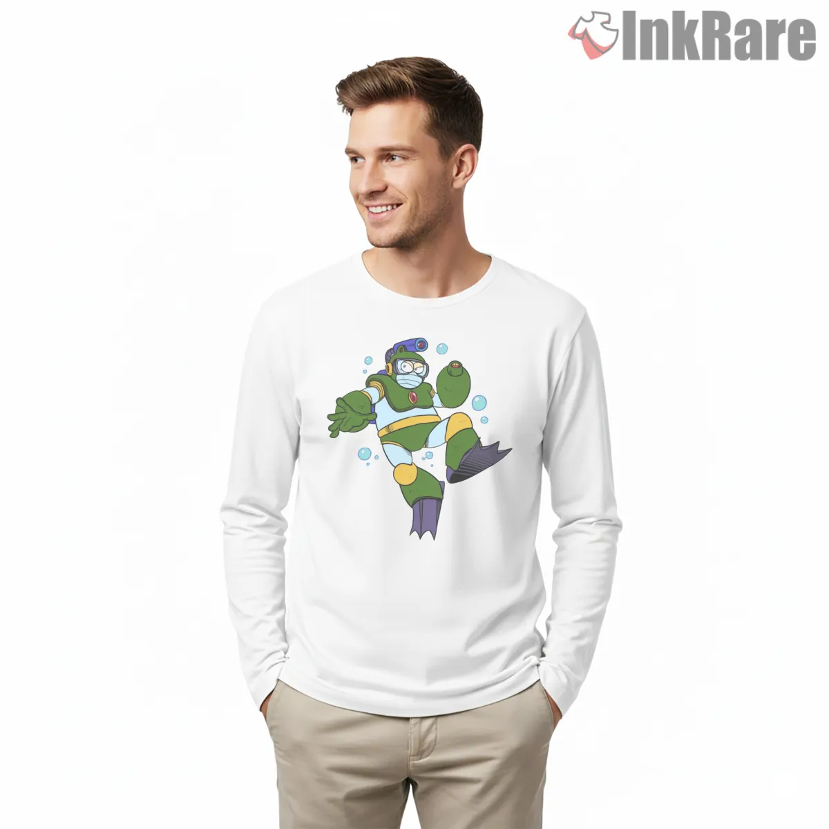 Mega Man Bubble Man Water Robot Playful Shirt on white long sleeve shirt for men graphic tee