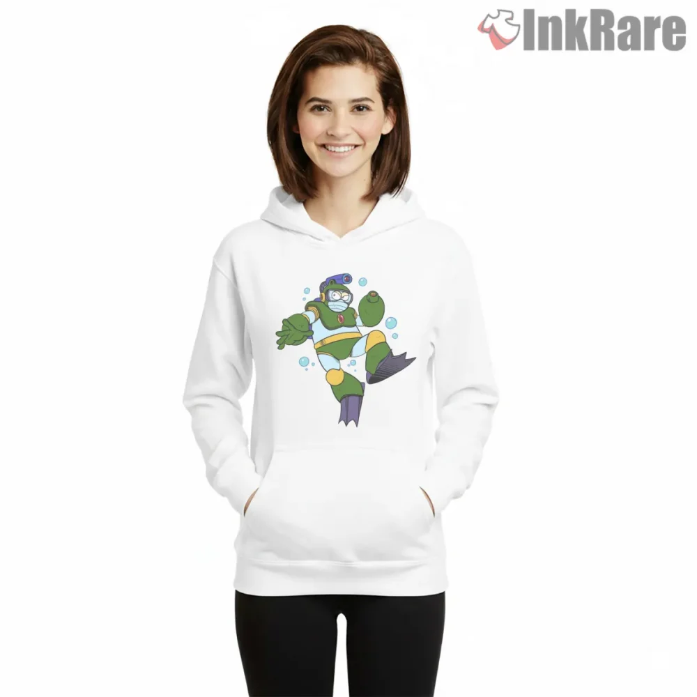 Mega Man Bubble Man Water Robot Playful Shirt on white hoodie for women graphic tee