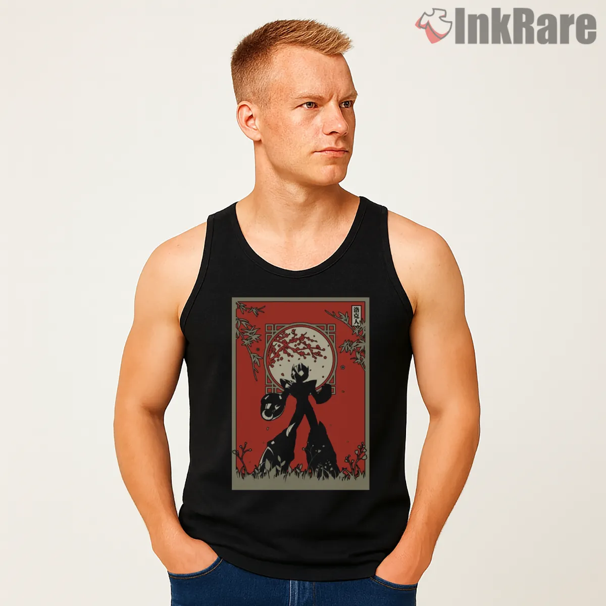 Mega Man Buster Sunset Silhouette Poster Shirt on black tank top for men graphic tee