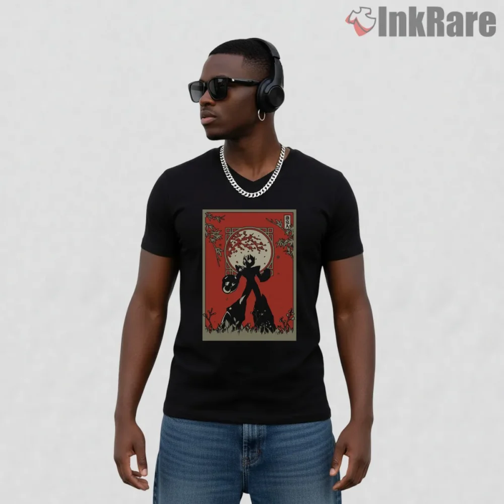 Mega Man Buster Sunset Silhouette Poster Shirt on black v-neck shirt for men graphic tee