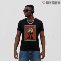 Mega Man Buster Sunset Silhouette Poster Shirt on black v-neck shirt for men graphic tee
