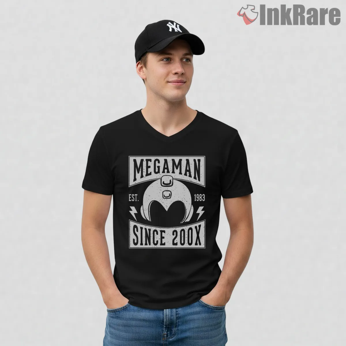 Mega Man Capcom Vintage Badge Logo V Neck Black Mega Man Capcom Vintage Badge Logo Shirt on black v-neck shirt for men graphic tee