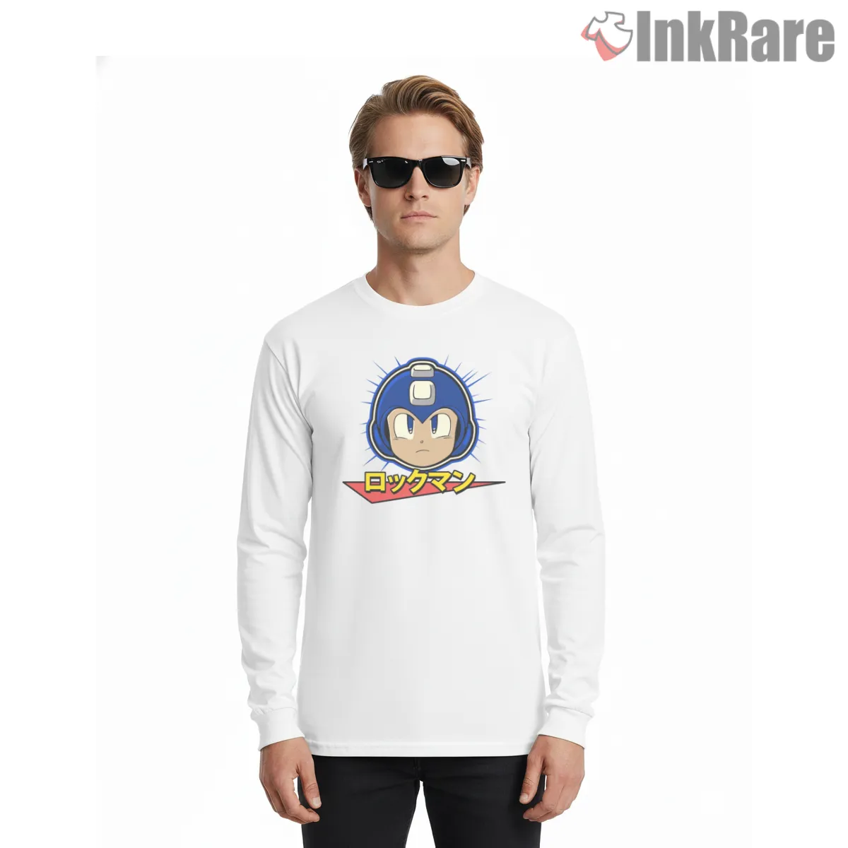 Mega Man Classic Portrait Japanese Logo Long Sleeve White Mega Man Classic Portrait Japanese Logo Shirt on white long sleeve shirt for men graphic tee