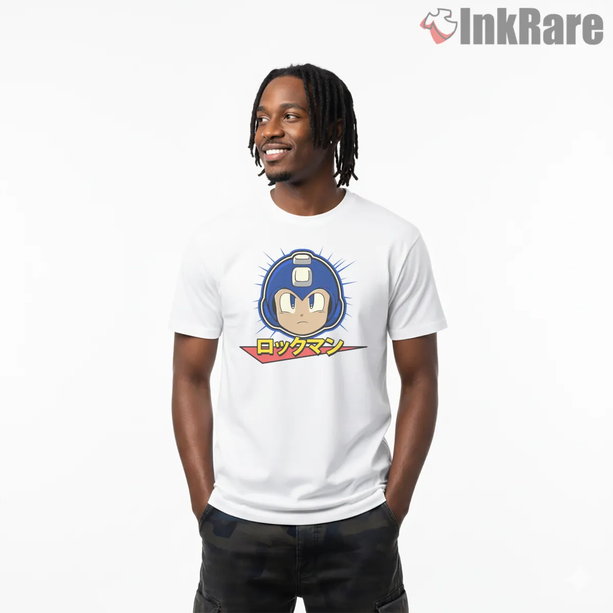Mega Man Classic Portrait Japanese Logo Short Sleeve White Mega Man Classic Portrait Japanese Logo Shirt on white short sleeve shirt for men graphic tee