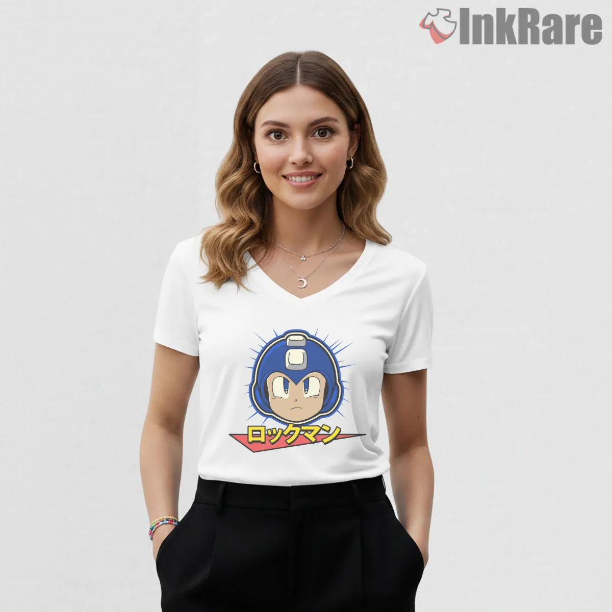 Mega Man Classic Portrait Japanese Logo V Neck White Mega Man Classic Portrait Japanese Logo Shirt on white v-neck shirt for women graphic tee