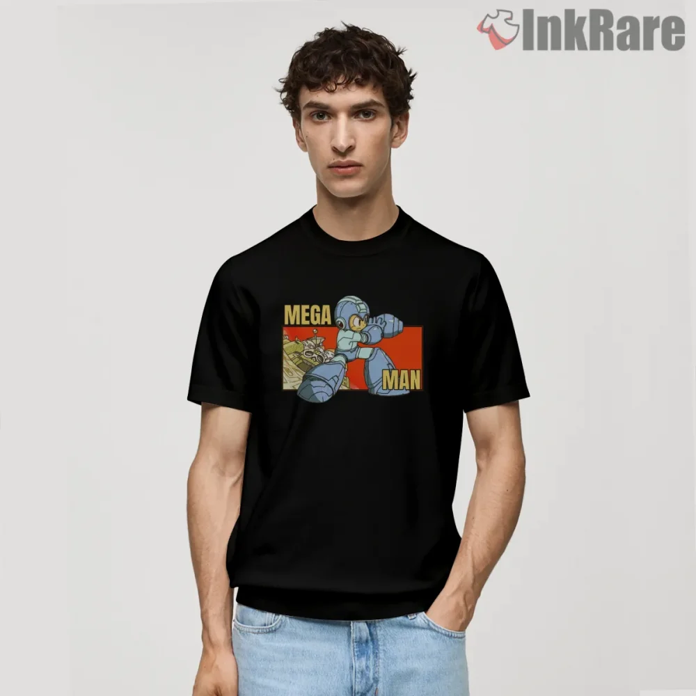 Mega Man Classic Retro Panel Action Shirt on black short sleeve shirt for men graphic tee