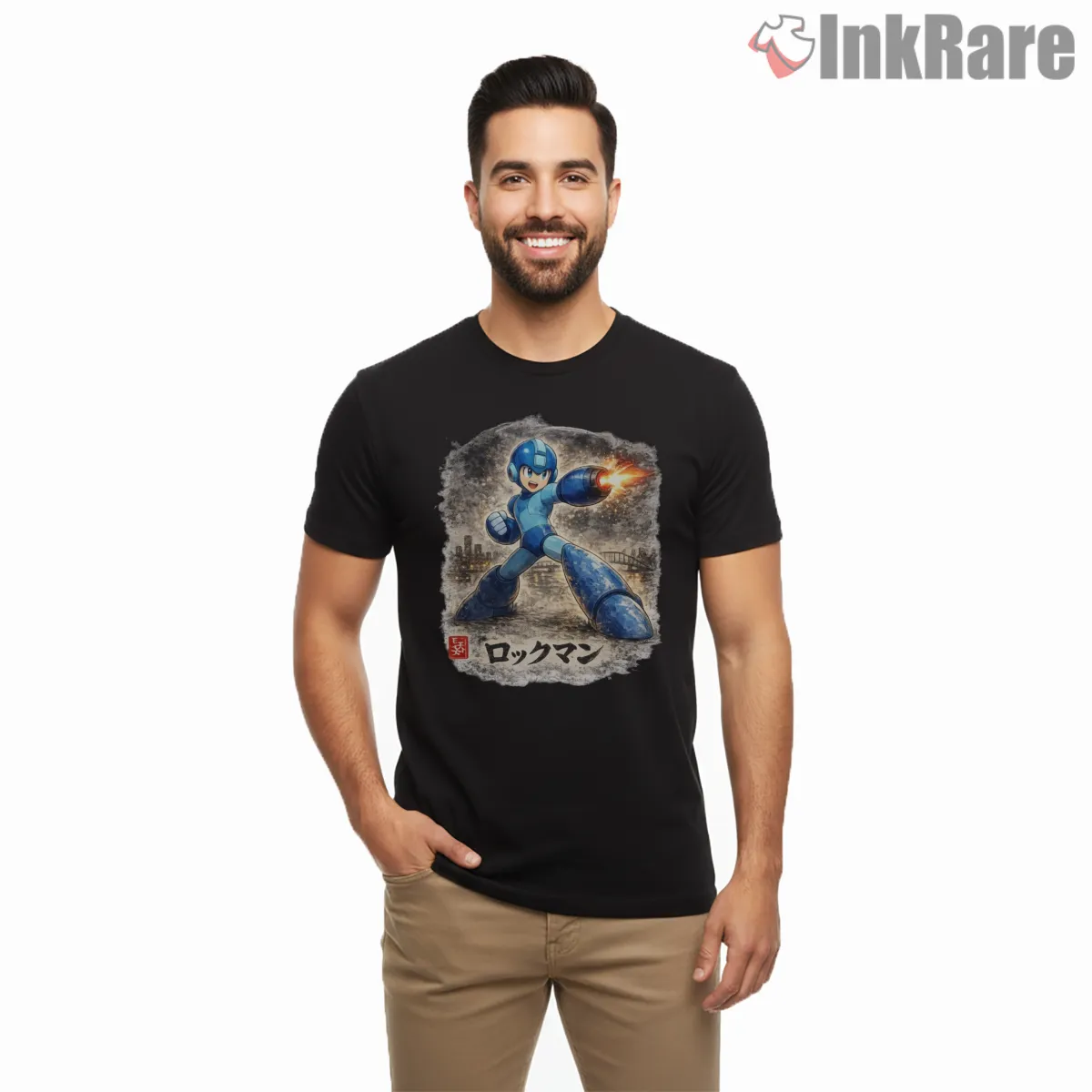 Mega Man Colorful Sumi E Splash Art Shirt on black short sleeve shirt for men graphic tee
