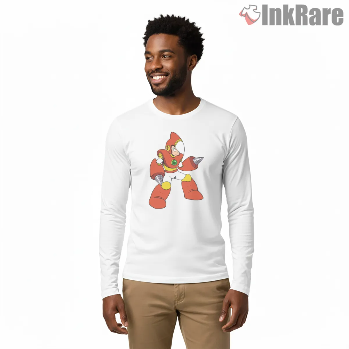 Mega Man Crash Man Explosive Drill Action Long Sleeve White Mega Man Crash Man Explosive Drill Action Shirt on white long sleeve shirt for men graphic tee