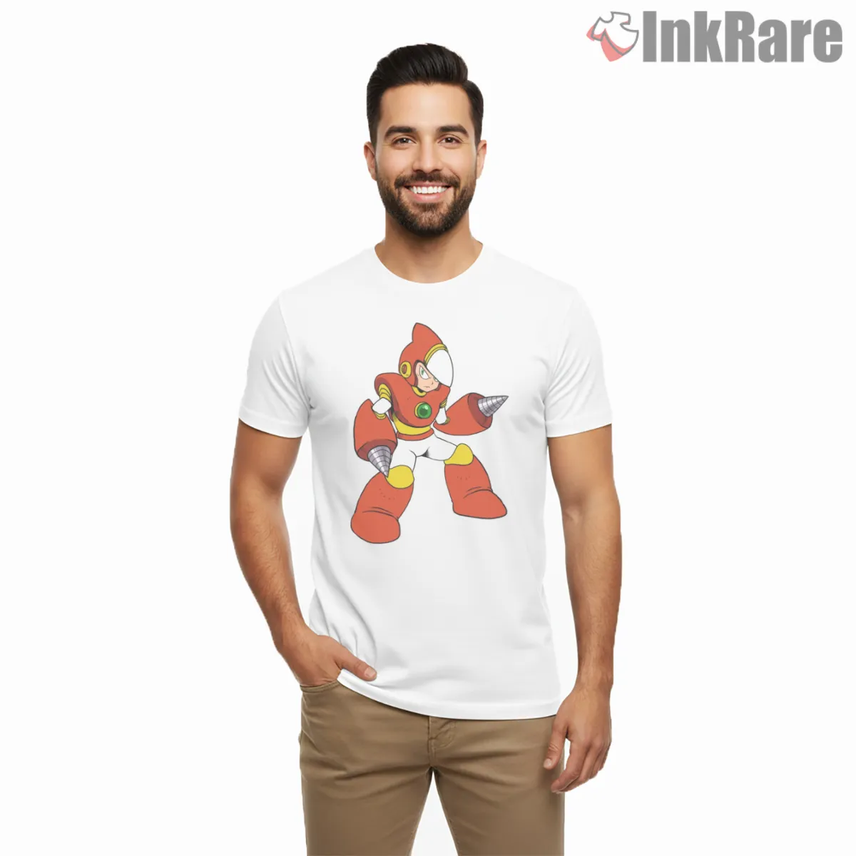 Mega Man Crash Man Explosive Drill Action Short Sleeve White Mega Man Crash Man Explosive Drill Action Shirt on white short sleeve shirt for men graphic tee