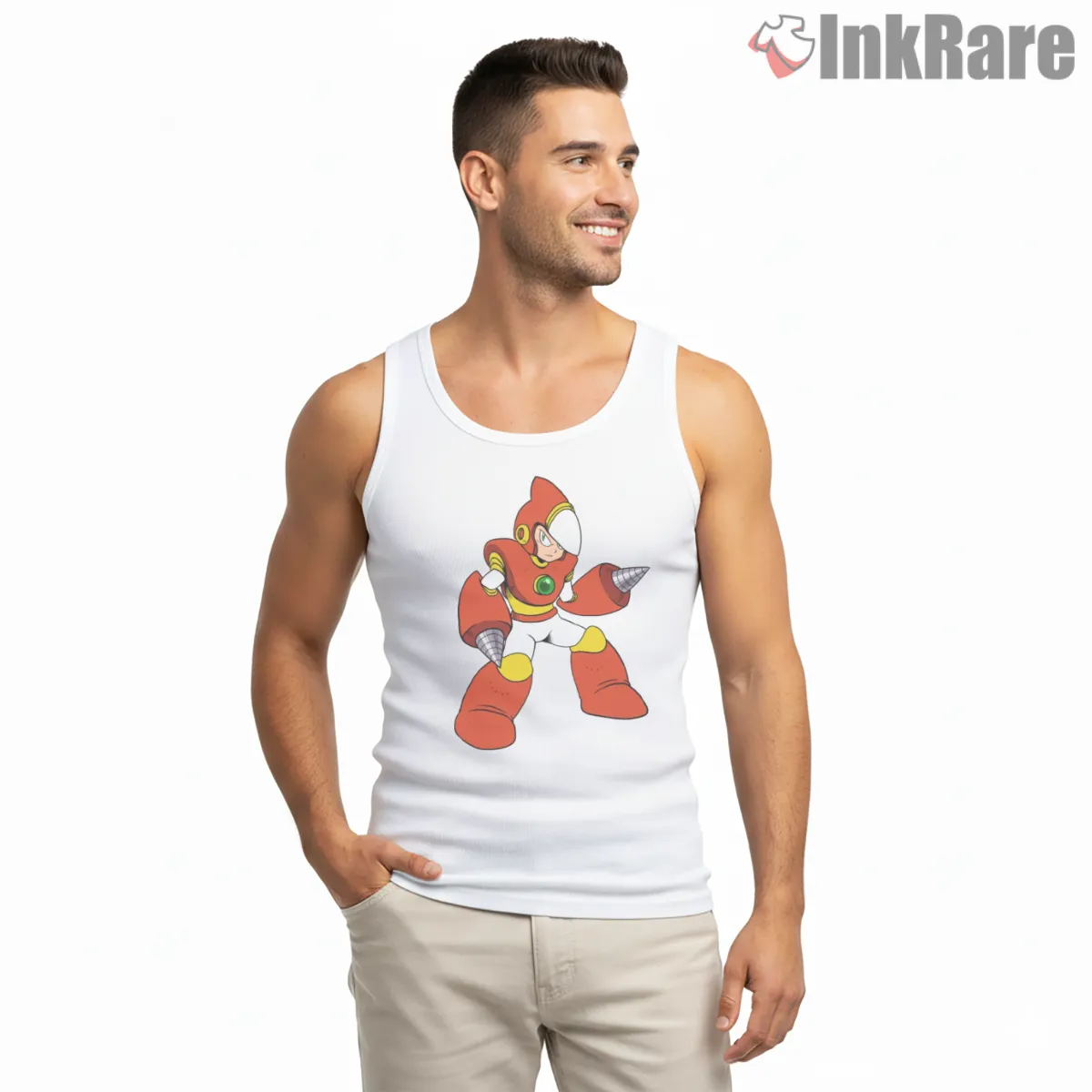 Mega Man Crash Man Explosive Drill Action Tank Top White Mega Man Crash Man Explosive Drill Action Shirt on white tank top for men graphic tee