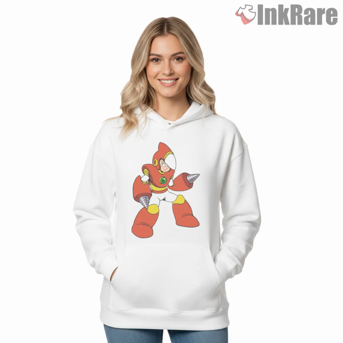Mega Man Crash Man Explosive Drill Action Hoodie White Mega Man Crash Man Explosive Drill Action Shirt on white hoodie for women graphic tee