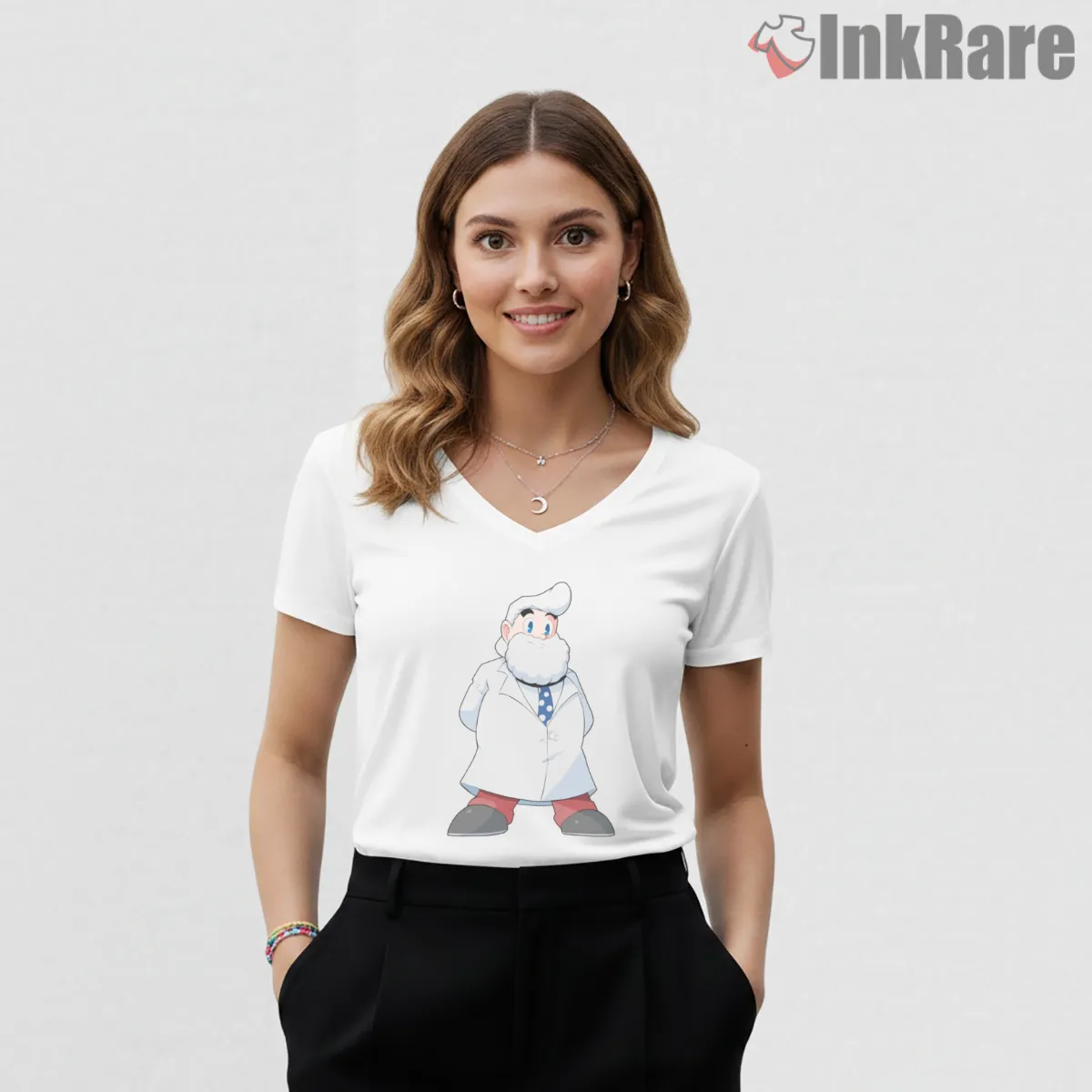 Mega Man Dr Light Mini Scientist Cartoon V Neck White Mega Man Dr Light Mini Scientist Cartoon Shirt on white v-neck shirt for women graphic tee