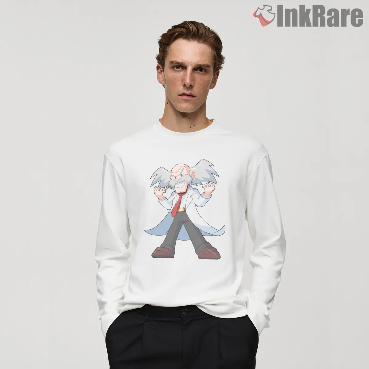 Mega Man Dr Wily Cartoon Villain Scientist Shirt on white long sleeve shirt for men graphic tee