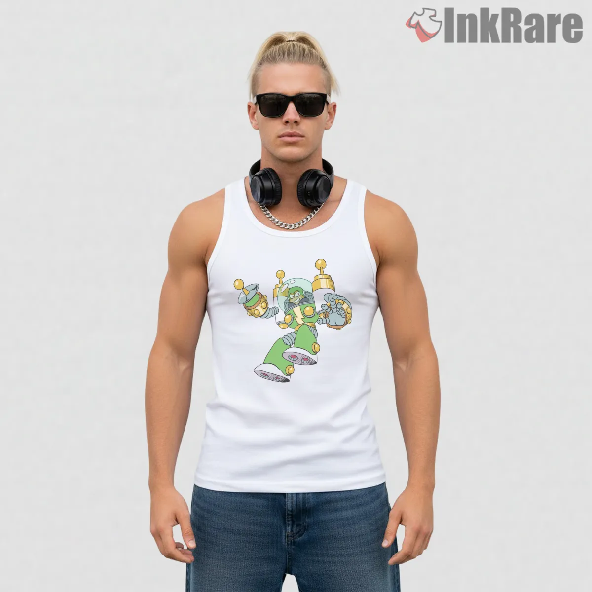 Mega Man Dynamo Man Electric Power Core Tank Top White Mega Man Dynamo Man Electric Power Core Shirt on white tank top for men graphic tee
