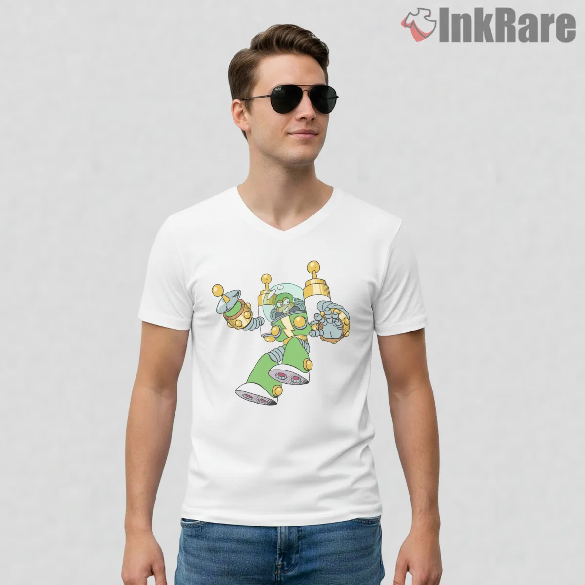 Mega Man Dynamo Man Electric Power Core V Neck White Mega Man Dynamo Man Electric Power Core Shirt on white v-neck shirt for men graphic tee