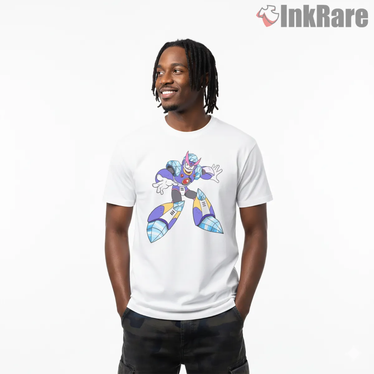 Mega Man Freeze Man Ice Crystal Armor Short Sleeve White Mega Man Freeze Man Ice Crystal Armor Shirt on white short sleeve shirt for men graphic tee