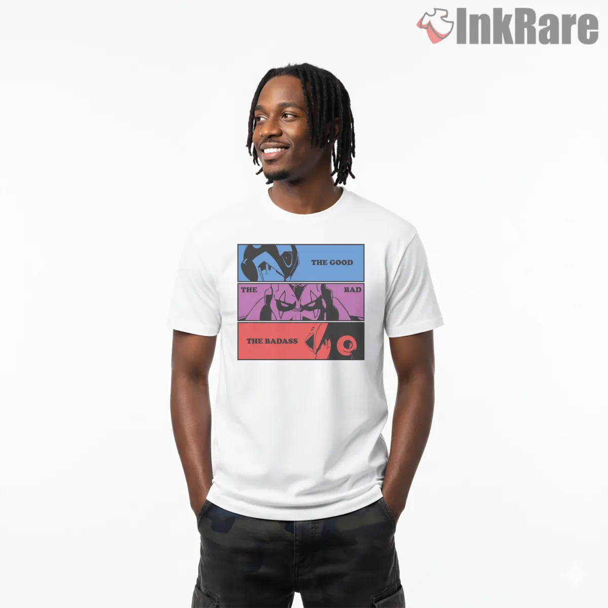 Mega Man Good Bad Badass Panel Comic Short Sleeve White Mega Man Good Bad Badass Panel Comic Shirt on white short sleeve shirt for men graphic tee