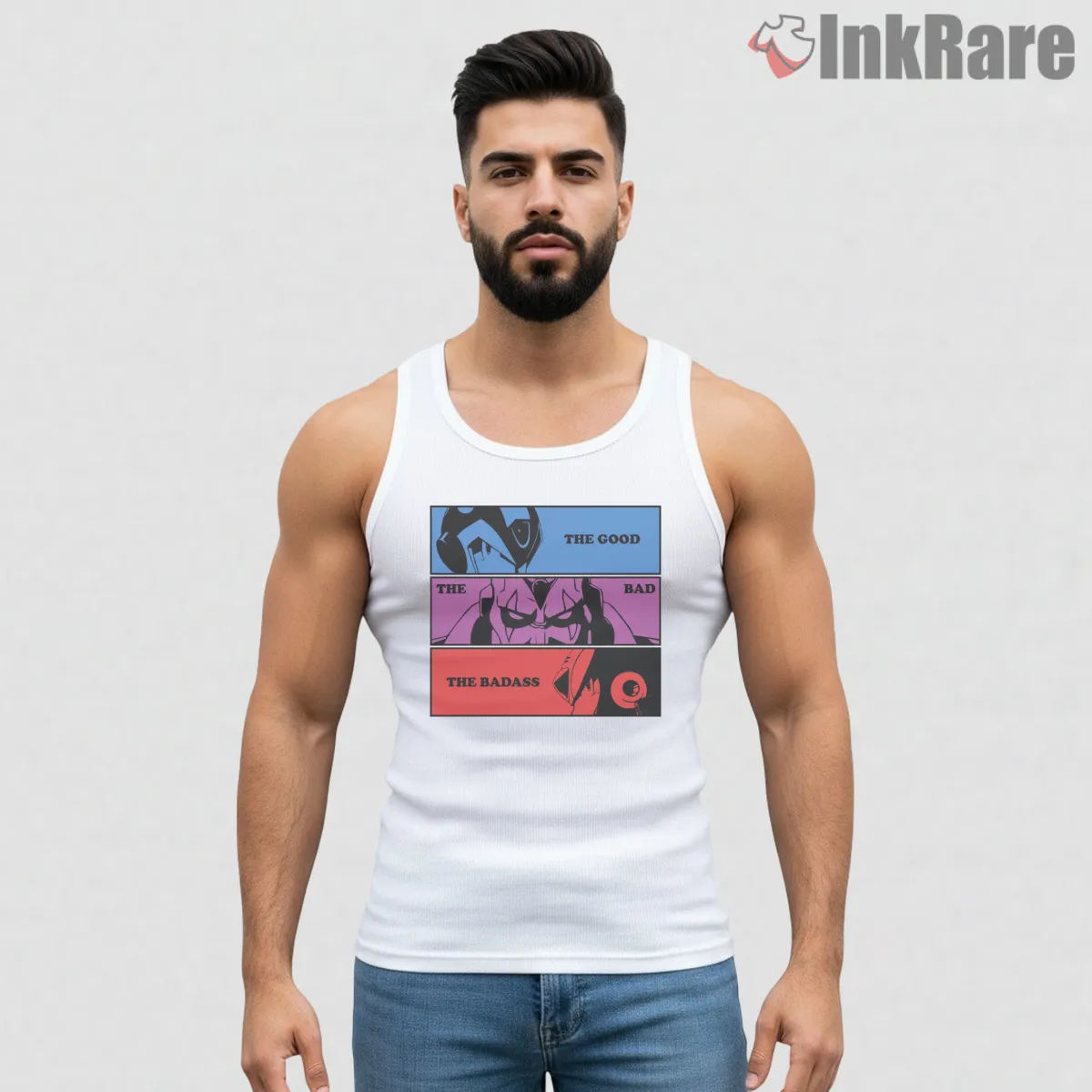 Mega Man Good Bad Badass Panel Comic Tank Top White Mega Man Good Bad Badass Panel Comic Shirt on white tank top for men graphic tee