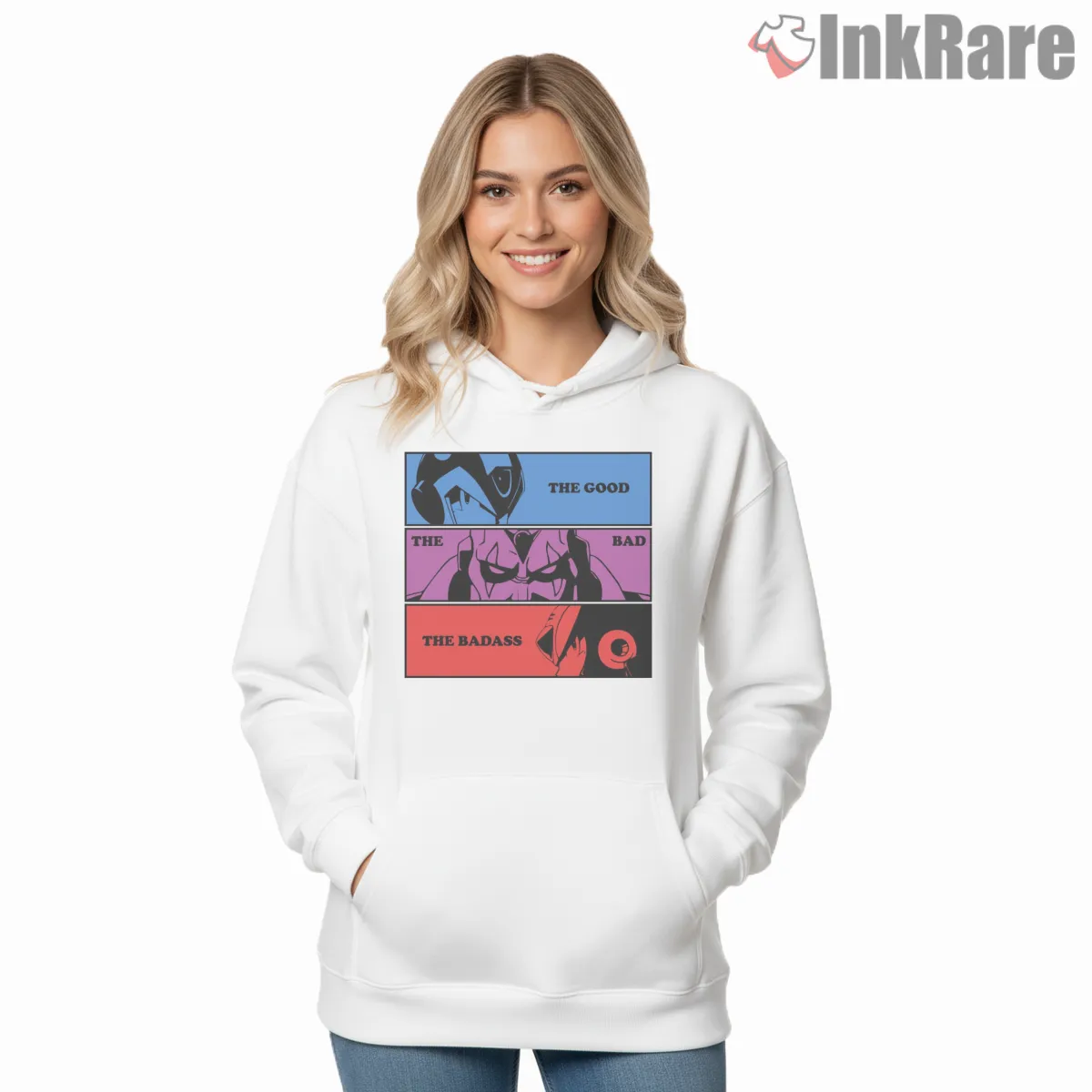 Mega Man Good Bad Badass Panel Comic Hoodie White Mega Man Good Bad Badass Panel Comic Shirt on white hoodie for women graphic tee