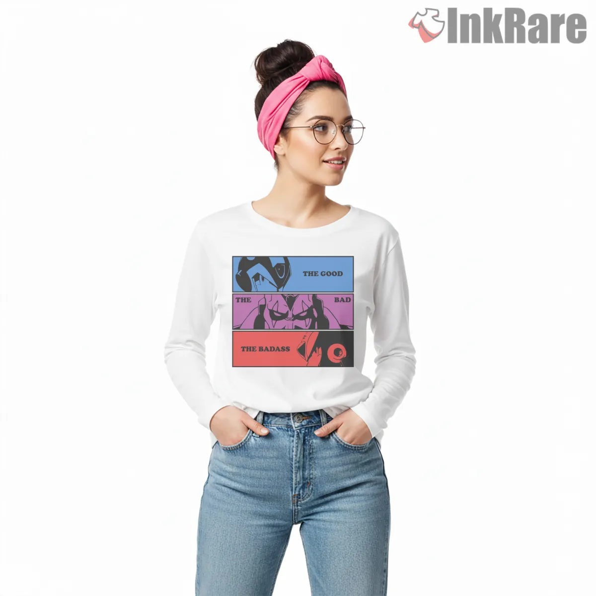 Mega Man Good Bad Badass Panel Comic Long Sleeve White Mega Man Good Bad Badass Panel Comic Shirt on white long sleeve shirt for women graphic tee