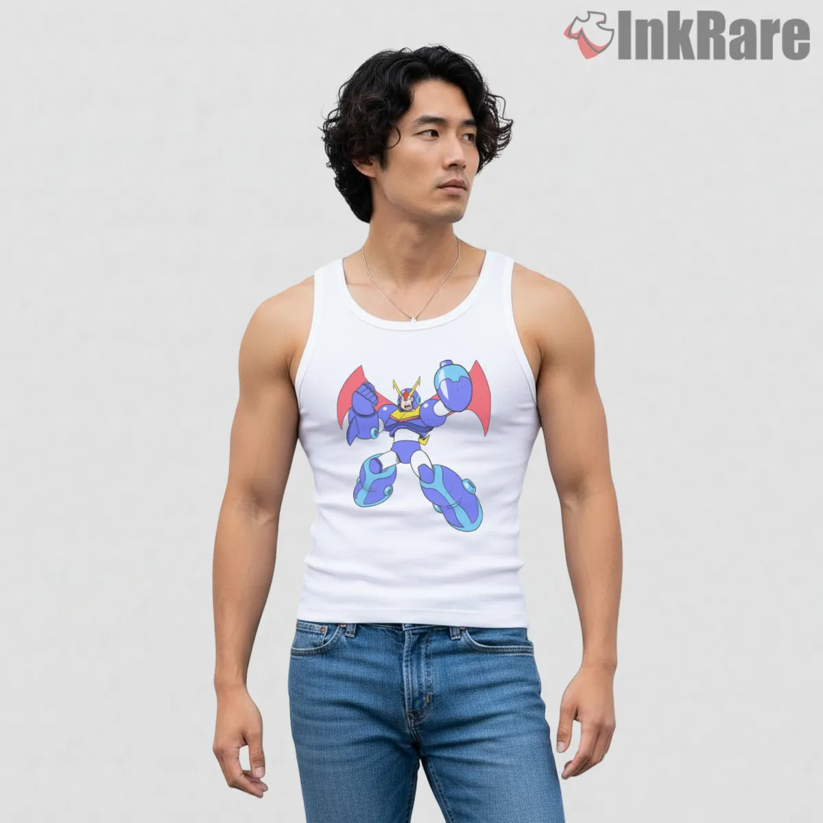 Mega Man Hyper Armor Power Boost Action Tank Top White Mega Man Hyper Armor Power Boost Action Shirt on white tank top for men graphic tee