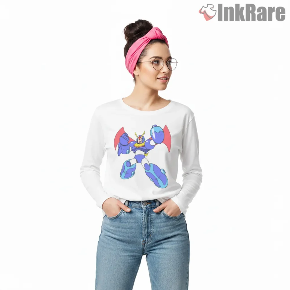Mega Man Hyper Armor Power Boost Action Shirt on white long sleeve shirt for women graphic tee
