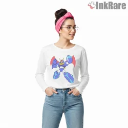 Mega Man Hyper Armor Power Boost Action Shirt on white long sleeve shirt for women graphic tee