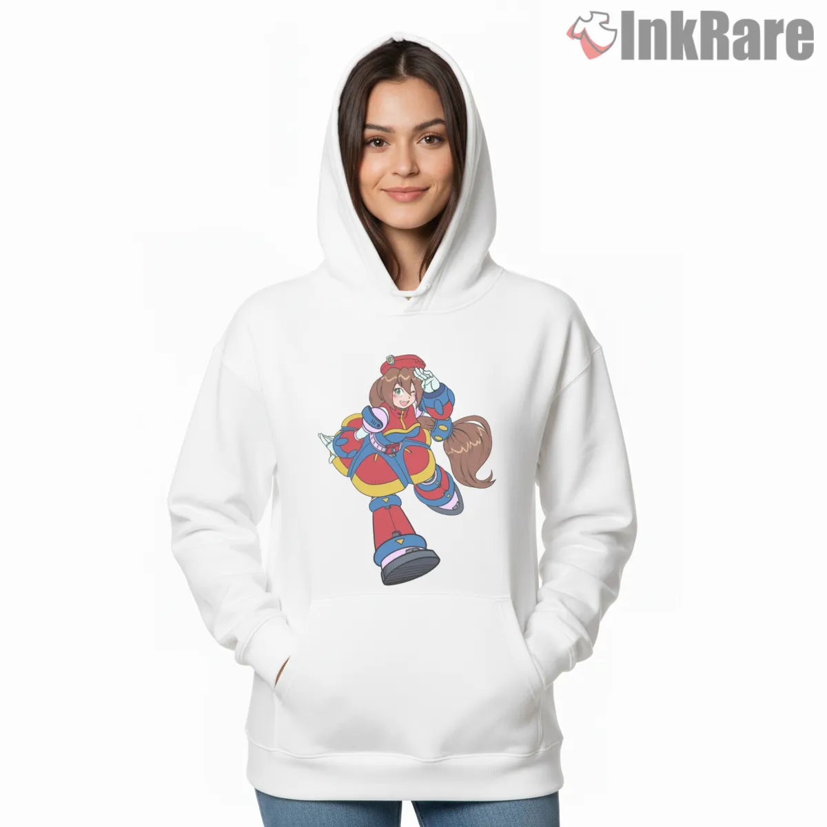 Mega Man Iris Anime Style Character Hoodie White Mega Man Iris Anime Style Character Shirt on white hoodie for women graphic tee