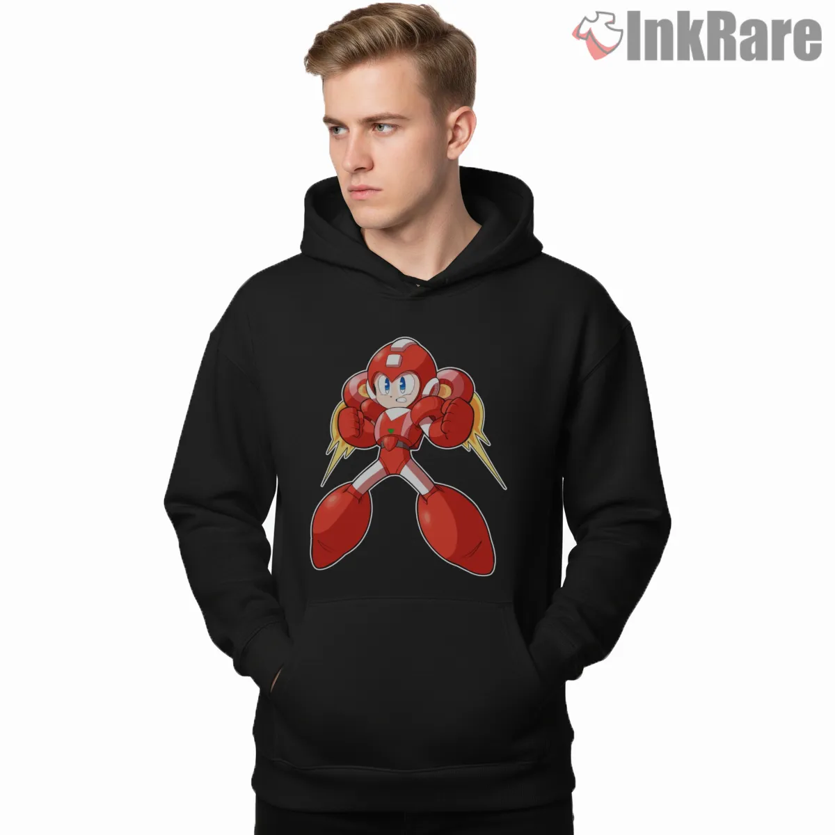 Mega Man Jet Armor Cartoon Power Up Shirt on black hoodie for men graphic tee