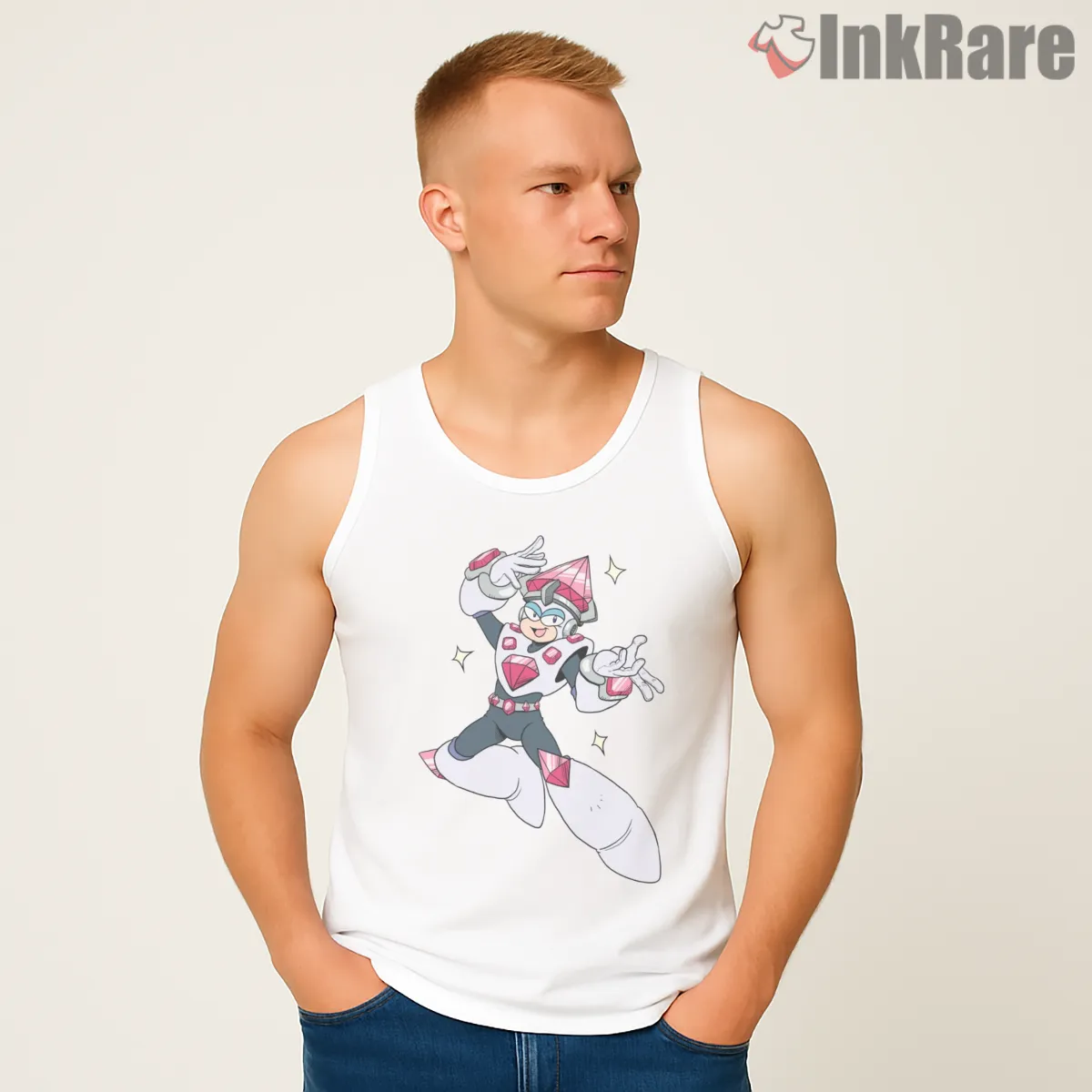 Mega Man Jewel Man Gem Armor Sparkle Shirt on white tank top for men graphic tee