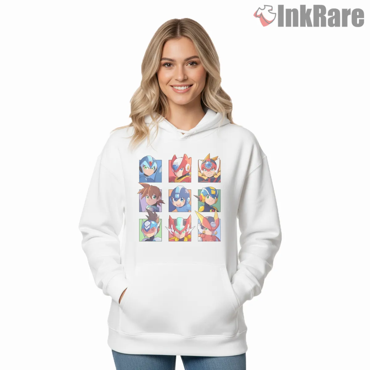 Mega Man Legacy Heroes Portrait Grid Shirt on white hoodie for women graphic tee