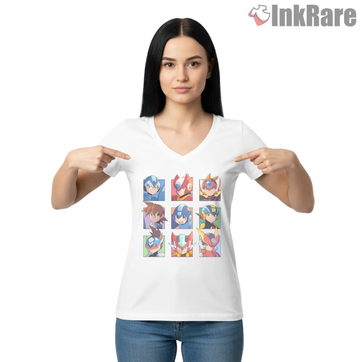 Mega Man Legacy Heroes Portrait Grid V Neck White Mega Man Legacy Heroes Portrait Grid Shirt on white v-neck shirt for women graphic tee