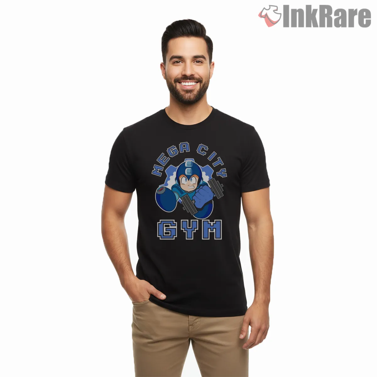 Mega Man Mega City Gym Parody Fitness Shirt on black short sleeve shirt for men graphic tee
