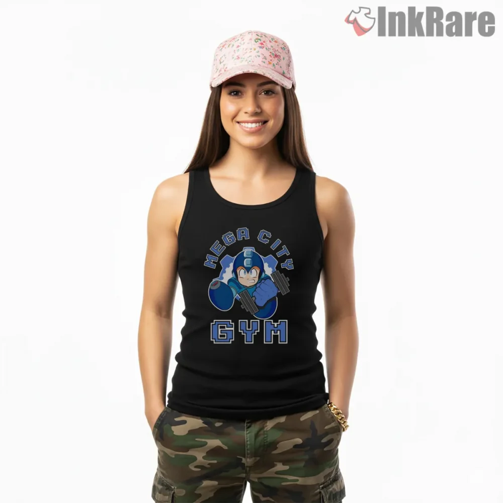 Mega Man Mega City Gym Parody Fitness Shirt on black tank top for women graphic tee