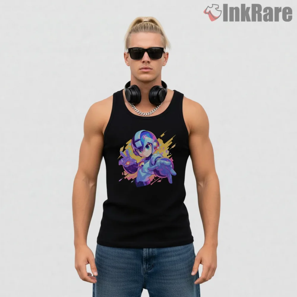 Mega Man Neon Anime Portrait Color Splash Shirt on black tank top for men graphic tee