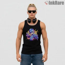 Mega Man Neon Anime Portrait Color Splash Shirt on black tank top for men graphic tee
