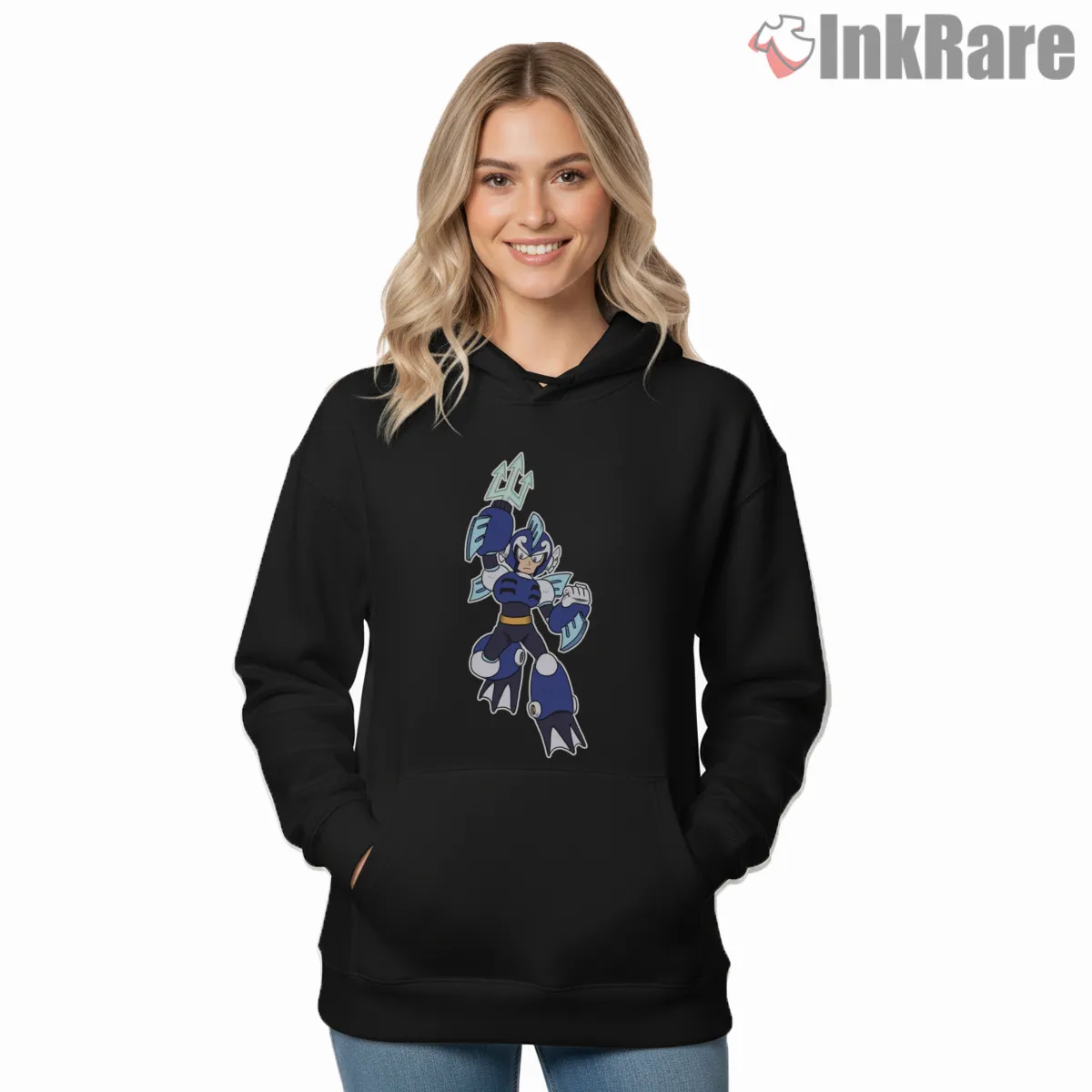 Mega Man Ocean Man Water Armor Hero Shirt on black hoodie for women graphic tee