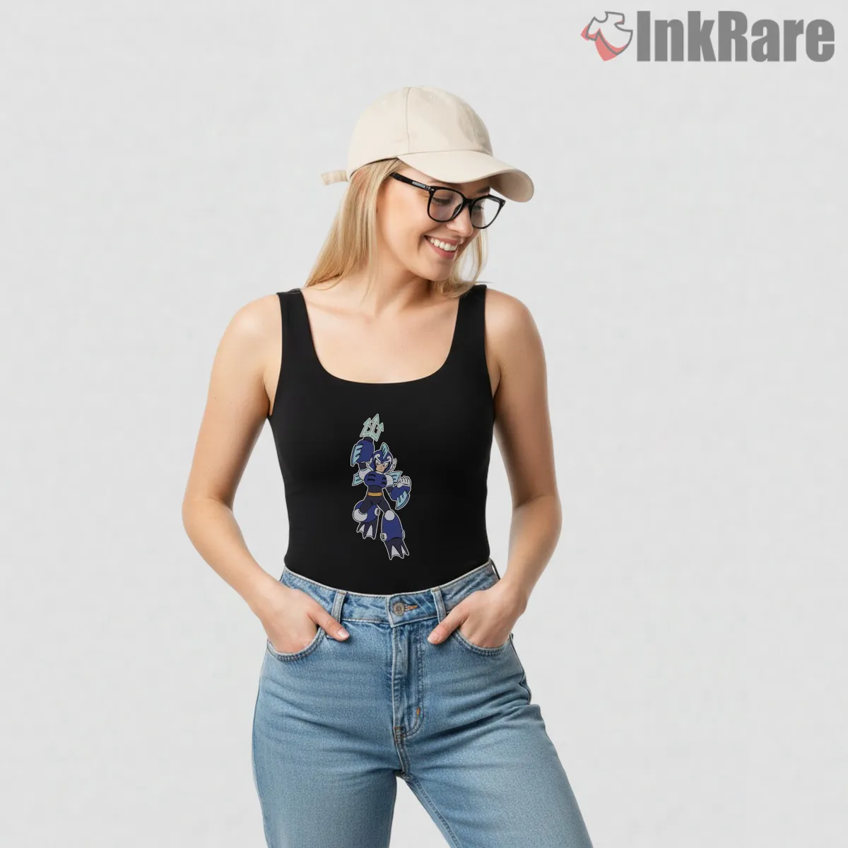 Mega Man Ocean Man Water Armor Hero Tank Top Black Mega Man Ocean Man Water Armor Hero Shirt on black tank top for women graphic tee