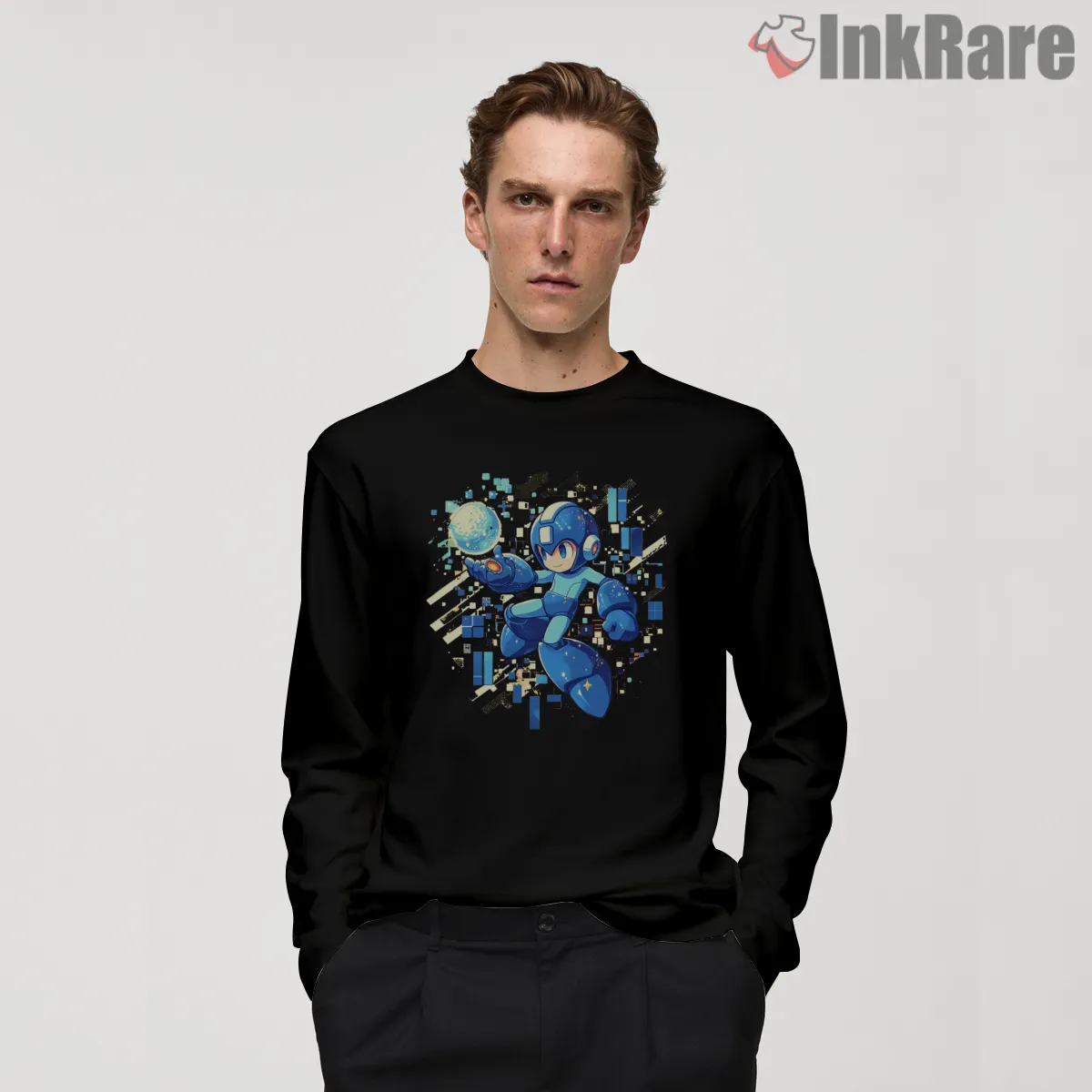 Mega Man Pixel Energy Blast Dynamic Shirt on black long sleeve shirt for men graphic tee
