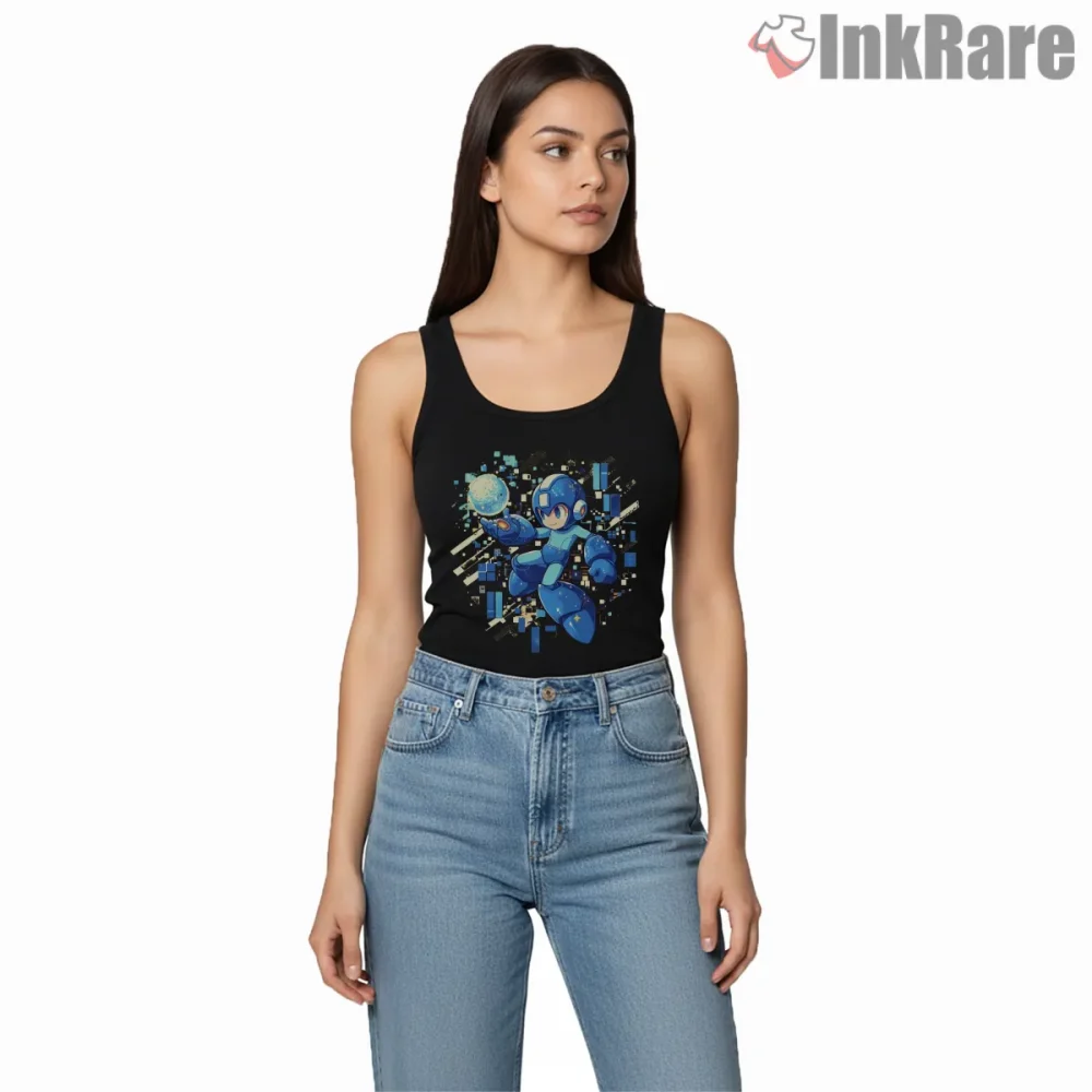 Mega Man Pixel Energy Blast Dynamic Shirt on black tank top for women graphic tee