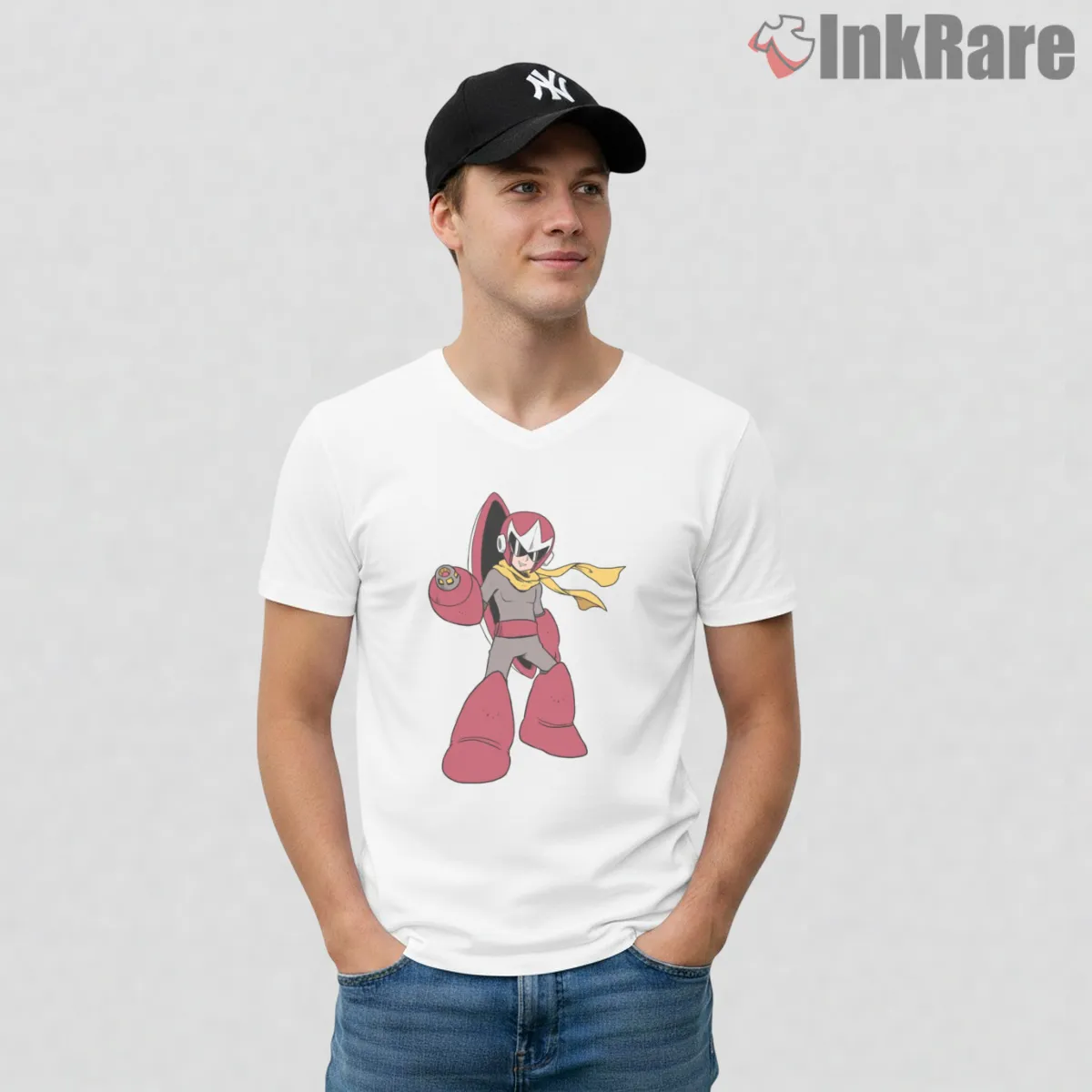 Mega Man Proto Man Classic Brother Rival V Neck White Mega Man Proto Man Classic Brother Rival Shirt on white v-neck shirt for men graphic tee