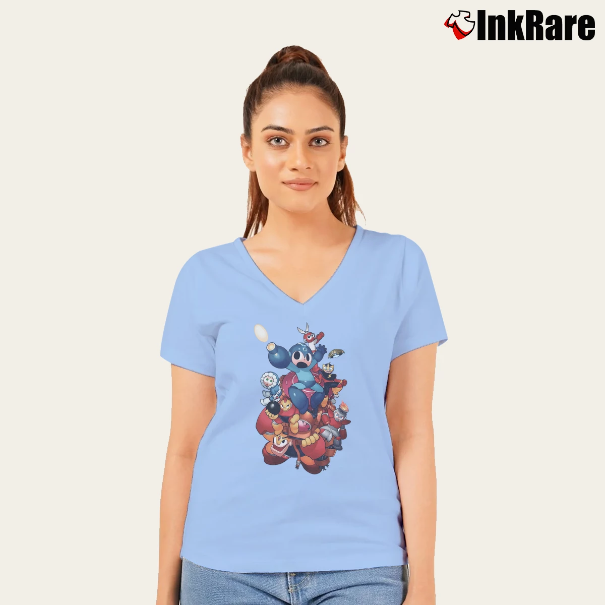 Women’s Mega Man Retro Art V-Neck Tee in light blue | Chic Neckline, Soft Texture