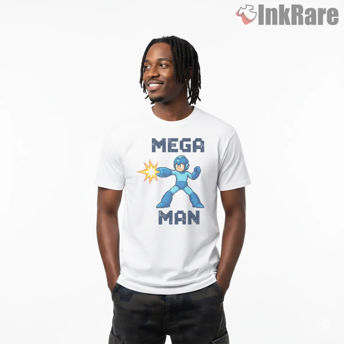 Mega Man Retro Pixel Shooter Classic Shirt on white short sleeve shirt for men graphic tee