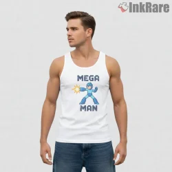 Mega Man Retro Pixel Shooter Classic Shirt on white tank top for men graphic tee